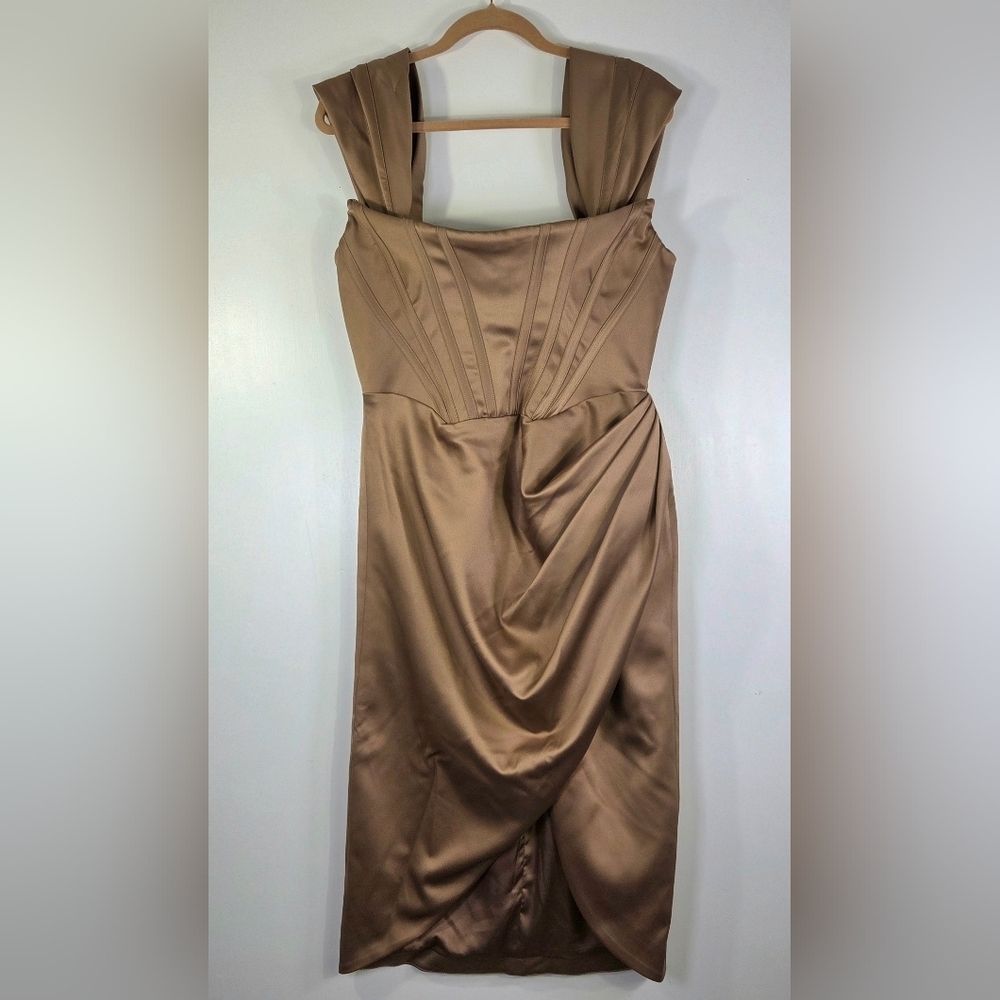 HOUSE OF CB LORETTA TOFFEE SATIN OFF THE SHOULDER CORSET DRESS.